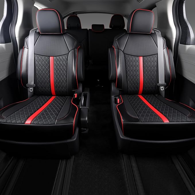 Custom Fit Sienna Seat Covers for 2021-2026 Toyota Sienna 7-Seat XLE XSE Woodland Limited Platinum [Ottoman Not Covered], Waterproof Faux Leather Full Set Airbag Compatible (Black+red)