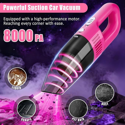 Car Cleaning Kit, Car Vacuum Interior Detailing Cleaner Kit with High Power Handheld Vacuum, Brush Set, Windshield Tool, Duster, Towels, Complete Car Care Tools for Women (Pink)