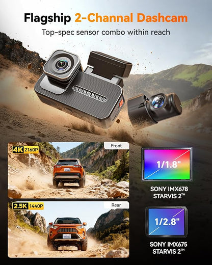 WOLFBOX X5 Duo 4K+2.5K Dash Cam Anti-Shake, 8MP STARVIS 2 IMX678 IMX675, Dual Car Camera Front and Rear, 5.8GHz Wi-Fi GPS, Included 64GB Card, Voice Control, Touch Screen, Parking Mode
