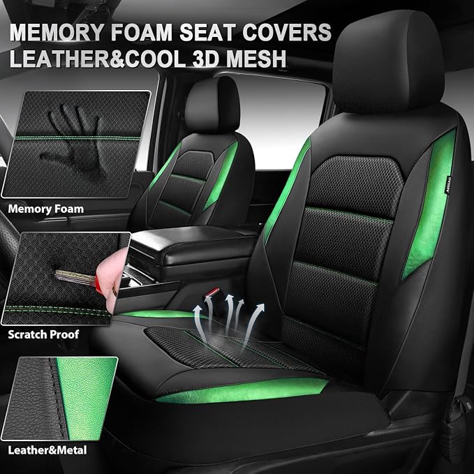 Car Pass Memory Foam Leather Seat Covers,Air Cool Mesh Thick Car Seat Covers Front Seat Green Leather Seat Covers for Cars Universal for SUVs Trucks,Airbag Compatible Comfort Durable,Black Green Metal