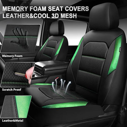 Car Pass Memory Foam Leather Seat Covers,Air Cool Mesh Thick Car Seat Covers Front Seat Green Leather Seat Covers for Cars Universal for SUVs Trucks,Airbag Compatible Comfort Durable,Black Green Metal