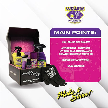 Wizards Ceramic Coat for Paint Kit - 9 Piece Ceramic Coating for Detailing Supplies - Provides High Gloss, Luster, Shine and Protection for Vehicles - Versatile Car Scratch Remover for Auto Detailing