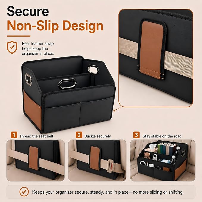 Noaman Car Organizer - 2025 Upgraded Leather Car Storage Organizer for Front Back Seat or Floor with 3 Metal Handles 6 Apartments, Multipurpose Car Organizers and Storage Black.