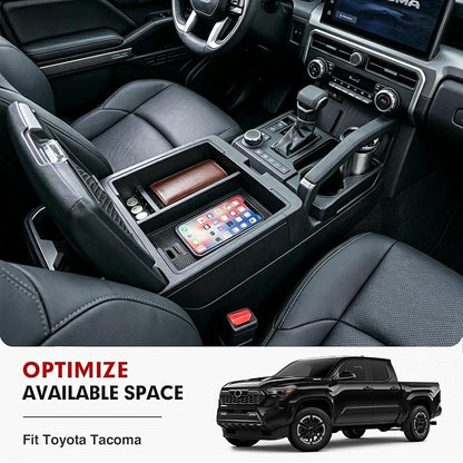 Autorder Center Console Organizer for 2024-2026 Toyota Tacoma Accessories - Armrest Storage Box Secondary Insert Tray with Black Non-Slip Silicone Mats
