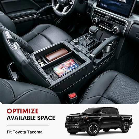 Autorder Center Console Organizer for 2024-2026 Toyota Tacoma Accessories - Armrest Storage Box Secondary Insert Tray with Black Non-Slip Silicone Mats
