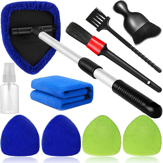 Qydipclin 10pcs Windshield Cleaning Tool Inside Car Window Cleaner Wash Kit with 4 Reusable Microfiber Pads 1 Spray Bottle and Extendable Handle Interior Auto Glass Wiper Kit, Blue&Green