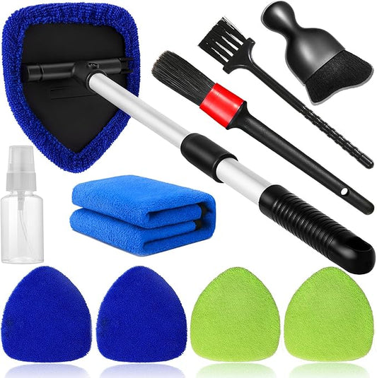 Qydipclin 10pcs Windshield Cleaning Tool Inside Car Window Cleaner Wash Kit with 4 Reusable Microfiber Pads 1 Spray Bottle and Extendable Handle Interior Auto Glass Wiper Kit, Blue&Green