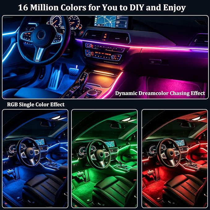 YUGUANG 43.3inch Interior Car Lights Strip, Dynamic Dreamcolor Chasing App Control Music Sync USB Powered RGB Acrylic LED Ambient Lighting Kit for Car Trucks SUV