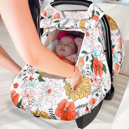 Baby Carseat Cover Girls, Pea Pod Infant Car Seat Covers Canopy for Newborn with 2 Layers Windows of Breathable Mesh/Fabric, Lightweight Polyester/Minky Dot Backing, Snug Fit Most Baby Car Seat