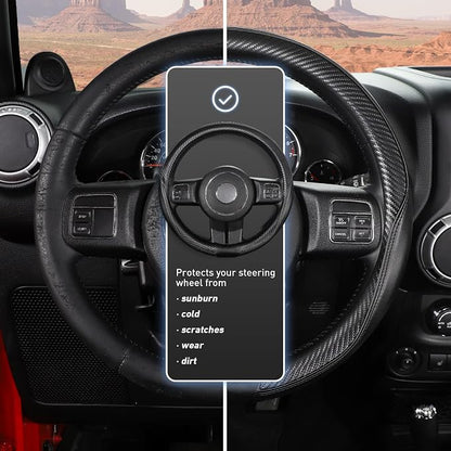 SEG Direct Car Steering Wheel Cover Large-Size for F150 F250 F350 Ram 4Runner Tacoma Tundra Range Rover with 15 1/2"-16" Outer Diameter Leather with Carbon Fiber Pattern Black