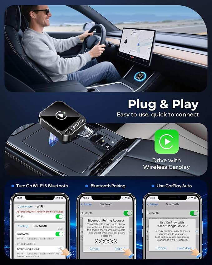 Jemluse Wireless CarPlay Adapter for Apple - Mini Size, Fast Stable Connection Convert Wired to Wireless Car Play Dongle for iPhone iOS 10+, Plug & Play for Cars from 2016+ w/USB-C(Onyx)
