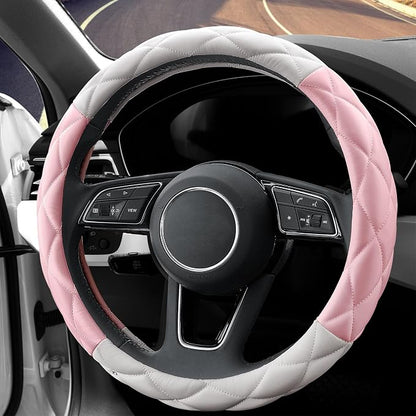 YHONGJT Cute Soft Microfiber Leather Anti-Slip Steering Wheel Cover, Universal 15 Inch for Women Girls, Fit Vehicles, Sedans, SUVs, Vans, Trucks - Light Pink and White