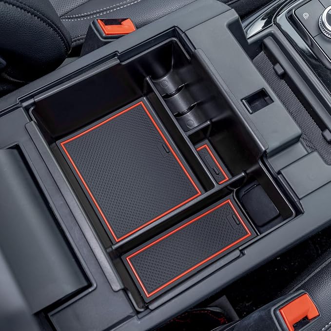 TOPINSTALL 2020-2026 Ford Explorer Console Organizer Tray - Compatible with 2020-2026 Ford Explorer Deep Armrest Storage Box with Coin Holder & Non-Slip Mats, Red Interior 6th Gen Explorer Accessories