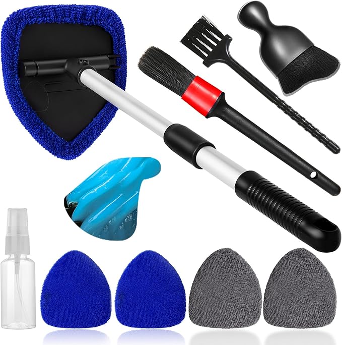 Qydipclin 10pcs Windshield Cleaner Tool, Car Window Cleaning Wash Kit with 4 Reusable Microfiber Pads 1 Spray Bottle and Extendable Handle Auto Glass Wiper Kit, Blue&Gray