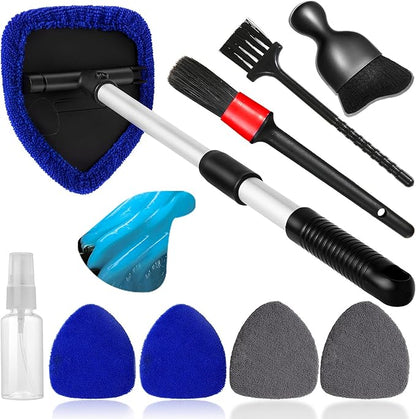 Qydipclin 10pcs Windshield Cleaner Tool, Car Window Cleaning Wash Kit with 4 Reusable Microfiber Pads 1 Spray Bottle and Extendable Handle Auto Glass Wiper Kit, Blue&Gray