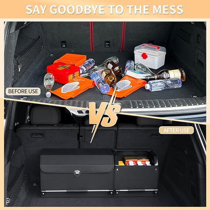 Car Trunk Organizer, Leather Trunk Organizer for SUV with Lid and Sturdy Handle Collapsible Adjustable Storage (Black, 33 x 11.4 x 12.2in)