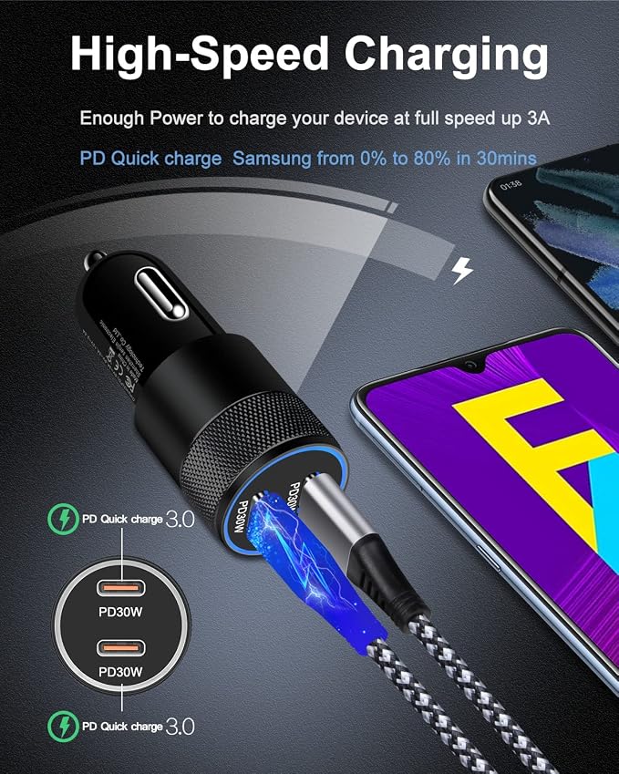 60W USB C Car Charger, 2 Pack AILKIN USB C Cigarette Lighter Adapter Fast Charging Dual Port PD3.0 Type C Car Charger Plug Compatible with iPhone 17 16 15 14 Pro Max Galaxy S26/S25/S24 Pixel 10 9Pro