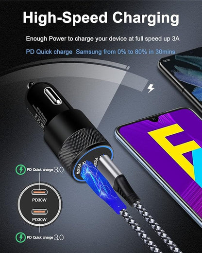 60W USB C Car Charger, Dual PD 3.0 Fast Charging Adapter Flush Fit Cigarette Lighter Plug for iPhone 17e 17 16 15 Pro Max 16e, Galaxy S26 S25 S24 Ultra S23, Google 10 9 Pro XL Type C Car Charger Block