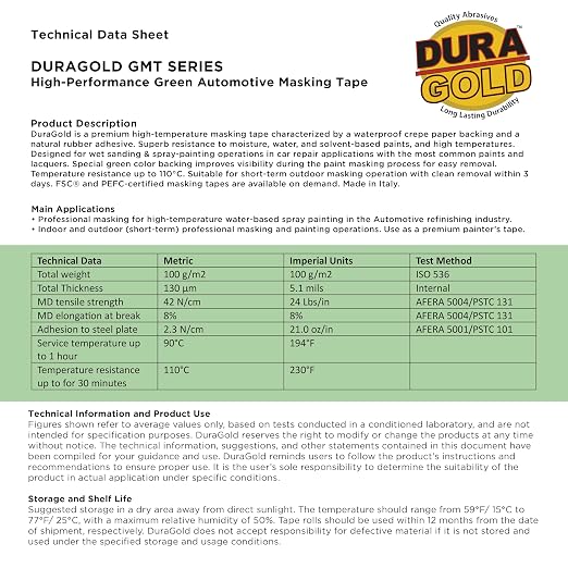 Dura-Gold Green Automotive Masking Tape 1 Inch (24mm x 55 Yards), 3 Rolls - Premium High-Performance, Heat Resistant - Auto Refinish Painting, Car Detailing, Autobody, Industrial, Painters Tape