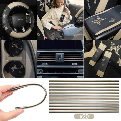BBTO 43 Pcs Butterfly Car Seat Full Set Butterfly Car Accessories for Women 5 Front Rear Seat Covers Wrist Strap 2 Pcs Cup Mat Armrest Pad 2 Belt Xmas Cover Accessories for SUV(Cream-Colored)
