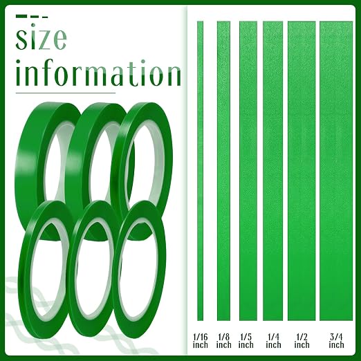 Nezyo 6 Pcs Vinyl Pinstripe Tapes Masking Painter Tapes High Temperature Low Tack Automotive Car Paint for Easy Removal Trim Thin Finishing Masking (Green,1/16, 1/8,1/5,1/4,1/2, 3/4 Inch)