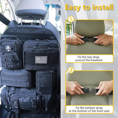 Universal Tactical Car Seat Back Organizer Bag Tactical Molle Vehicle Organizers Panel Vehicle Protector Organizers with 5 Detachable Pouches for Car Truck Ford Jeep (Upgraded C model Black)