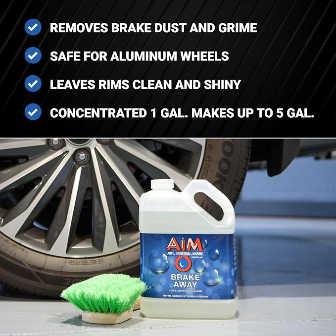AIM Chemicals Brake Away Non-Acid Wheel & Tire Cleaner - Heavy Duty Degreaser & Engine Cleaner - Removes Brake Dust, Grease, Grime, Aluminum Brighteners - Ideal for Cars, Boats, RVs & Equipment, 5 Gal