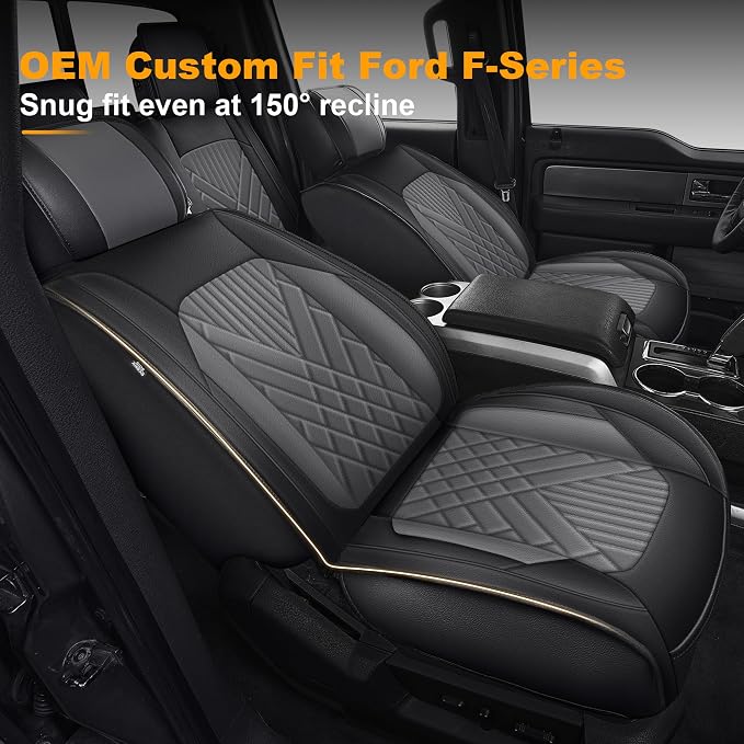 IKABEVEM for Ford F150 2009-2024 2025 2026 Seat Covers & F250 F350 F450 2017-2025 2026 Seat Cushion Cover with Faux Leather(Full Set,Black&Grey)