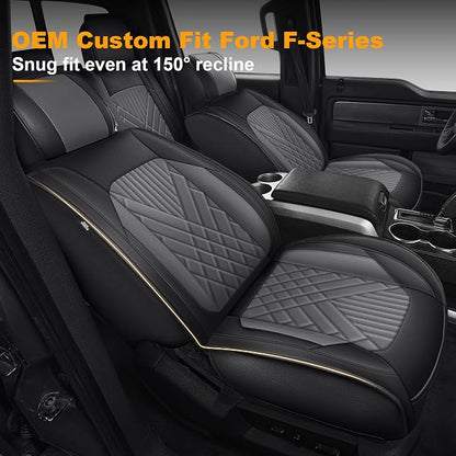 IKABEVEM for Ford F150 2009-2024 2025 2026 Seat Covers & F250 F350 F450 2017-2025 2026 Seat Cushion Cover with Faux Leather(Full Set,Black&Grey)