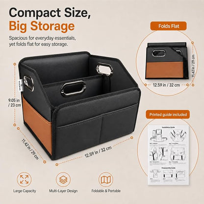 Noaman Car Organizer - 2025 Upgraded Leather Car Storage Organizer for Front Back Seat or Floor with 3 Metal Handles 6 Apartments, Multipurpose Car Organizers and Storage Black.