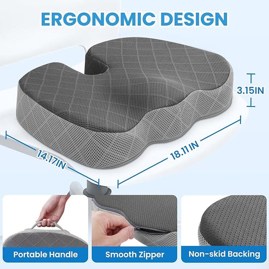 TushGuard Office/Car Seat Cushion, Non-Slip Sciatica & Back Coccyx Tailbone Pain Relief Chair Pad, Memory Foam Butt Pillow for Computer Desk, Wheelchair, Driving (Black&Grey)