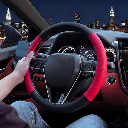 Steering Wheel Cover Standard Size 14.5-15 inch, Non-Slip Car Wheel Cover Protector, Non-Folding Packaging, Microfiber Leather, Black and Red