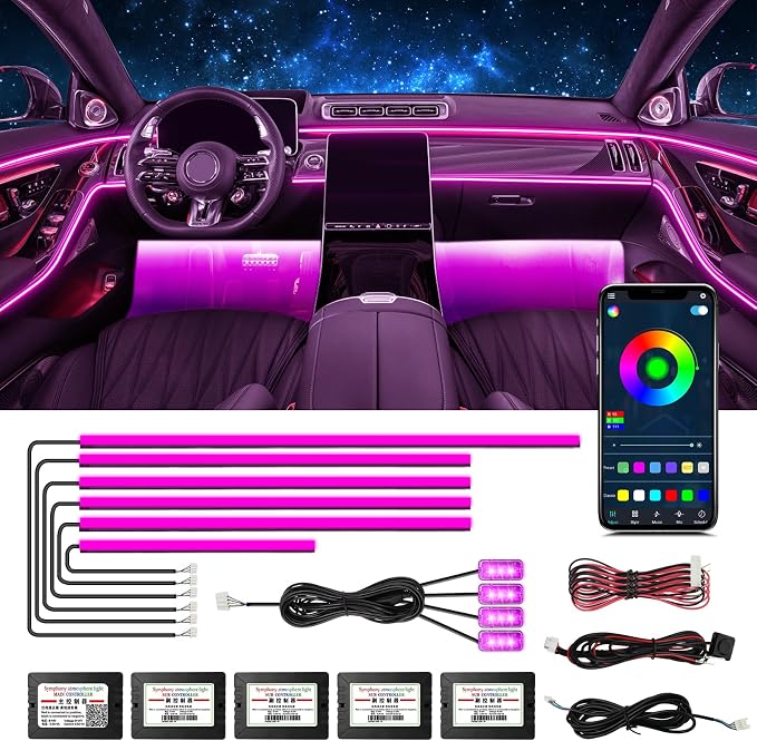 Acrylic Interior Car Lights, Car Accessories 10 in 1 Car LED Strip Lights with APP Control, 175 inches 593 LEDs Fiber Optic Lights, RGB Neon Car Ambient Lighting Kits