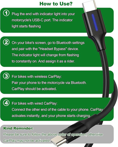 2-in-1 Headset Bypass Cable for Motorcycle, CarPlay Jumper Adapter, Enable CarPlay on Harley/Indian/Goldwing Without Bluetooth Headset, USB-C to USB-C Support Charging,Black/3.3Ft