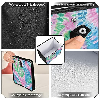 Car Trash Can Organizer Bin with Adjustable Strap for Back Front Seat Console Waterproof Leakproof Collapsible Portable 8.66 Inch Tie Dye Blue Green Pink