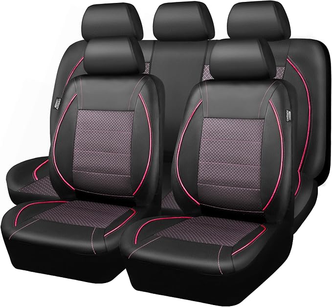 CAR PASS Piping PU Leather Car Seat Cover Full Set,Inside Zipper Design and Reserved Opening Holes，Airbag Compatible,Universal FIT for Car, SUVs,Van,Trucks（Full Set, Black & Pink）