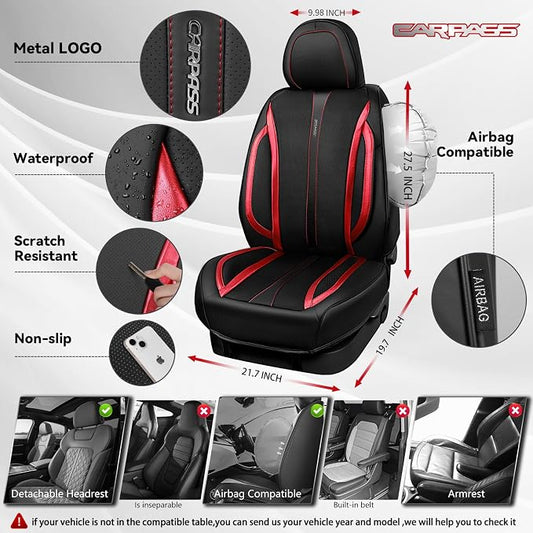 CAR PASS Nappa Leather Car Seat Covers, Durable Waterproof Luxury Universal Seat Covers for SUV Pick-up Truck Sedan, Anti-Slip Driver 5 Seat Covers Full Set with Backrest, Black Metallic Red