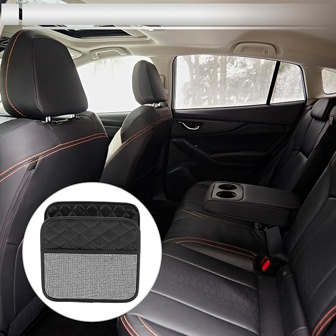 1 Pcs Universal Car Trash Can Hanging 10.2" Length 3.5" Width 10.2" Height Trash Bin Silver Tone Black Faux Leather Rhinestone