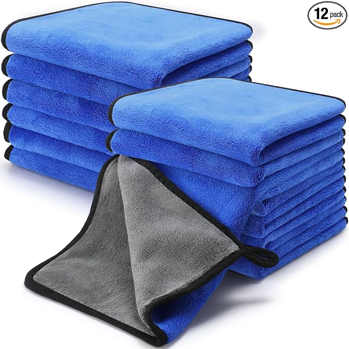 Tallew 12 Pcs Microfiber Towels for Cars, 800 GSM Plush Drying Cleaning Cloth Bulk, 16 x 16 Inch Thick Absorbent Wash Detailing Towels for Car Polishing, House, Kitchen Cleaning(Gray and Blue)