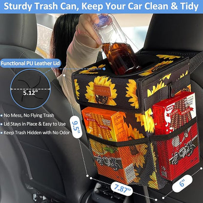 ELONGRIVER Car Trash Can Bin for Back Seat Leak Proof, Cute Car Trash Bag Hanging, Vehicle Trash Can for SUV Truck Van, Automotive Garbage Cans Front Seat Sunflower Floral