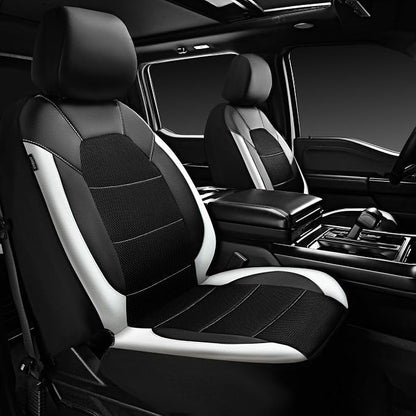CAR PASS Universal Front Leather Car Seat Covers with Sporty Design, Breathable All Season Easy to Clean Anti-Slip Wear-Resistant Automotive Seat Covers Fit for Most Cars, SUVs, Trucks, Black & White