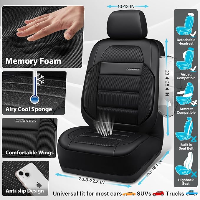 CAR PASS Memory Foam Seat Covers Full Sets, Airy Cool Mesh Thick Car Seat Covers, Leather Car Seat Covers 5 Seats Airbag Compatible, Universal Automotive Comfort for Most Cars, Trucks, SUV, Black