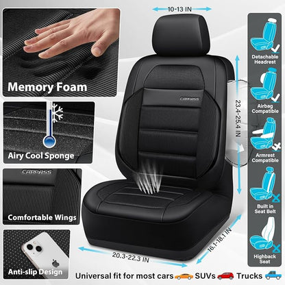 CAR PASS Memory Foam Seat Covers Full Sets, Airy Cool Mesh Thick Car Seat Covers, Leather Car Seat Covers 5 Seats Airbag Compatible, Universal Automotive Comfort for Most Cars, Trucks, SUV, Black