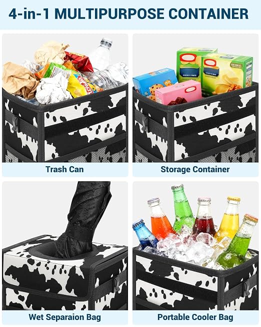 Capolo Car Trash Can with Lid, Leakproof Car Trash Bag Hanging Waterproof Automotive Garbage Can with Storage Pockets Mini Vehicle Trash Bin for Back/Front Seat(Cow Print,2.5 Gallon)
