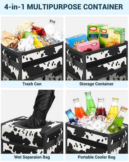 Capolo Car Trash Can with Lid, Leakproof Car Trash Bag Hanging Waterproof Automotive Garbage Can with Storage Pockets Mini Vehicle Trash Bin for Back/Front Seat(Cow Print,2.5 Gallon)