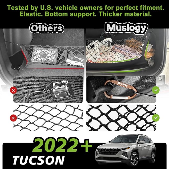 Muslogy Truck Bed Cargo Net Trunk Netting Compatible with 2022-2025 2026 Hyundai Tucson Accessories, Pickup Cargo Organizer SUV Sedan Storage Net w/Heavy Duty Carabiners