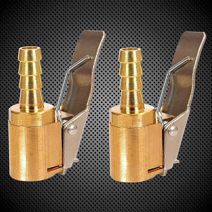 Toolwiz Lock on Air Chuck Inflate Locking with Clip, 1/4 Inch Brass Portable Tire Inflator Nozzle Presta Valve Adapter Tire Chucks Air Compressor Attatchments Hose End with Barb Connector,2pcs