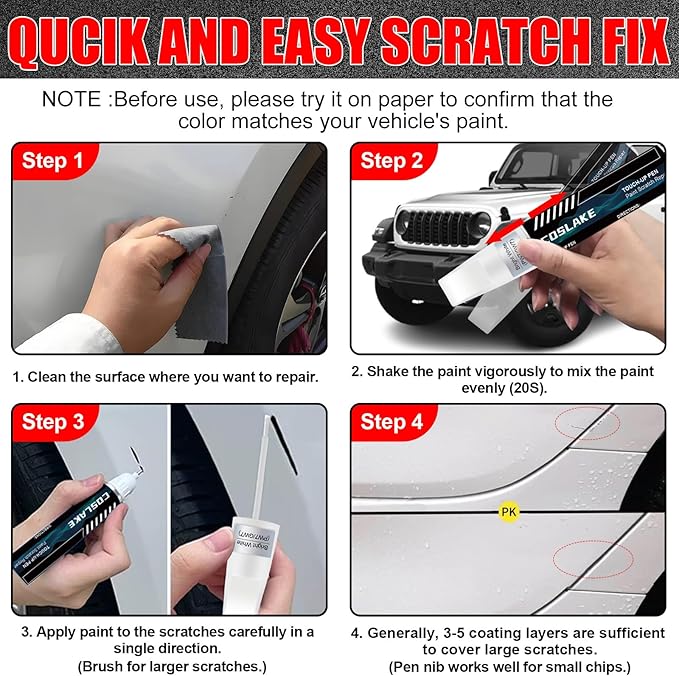 Car Touch Up Paint(Bright White(PW7/GW7)) for Jeep, Car Paint Scratch Repair Kit, Quick & Easy Solution to Repair, 2 in 1 Scratch Remover Pen with Color-Matched