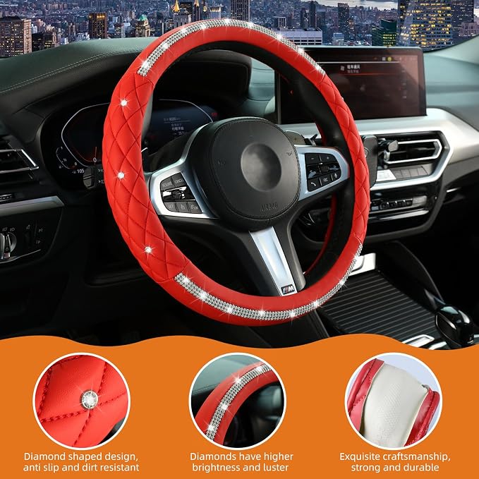 Diamond Steering Wheel Cover，with Bling Crystal Rhinestone, Delicate and Anti-Slip Sparkly Steering Wheel Cover ，Adaptable to 14.5-15 inches Car Wheel Protector for Women Girl，Car Accessories, Red