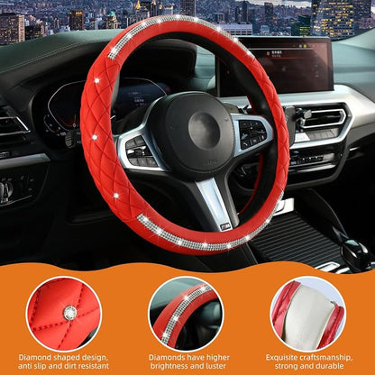 Diamond Steering Wheel Cover，with Bling Crystal Rhinestone, Delicate and Anti-Slip Sparkly Steering Wheel Cover ，Adaptable to 14.5-15 inches Car Wheel Protector for Women Girl，Car Accessories, Red